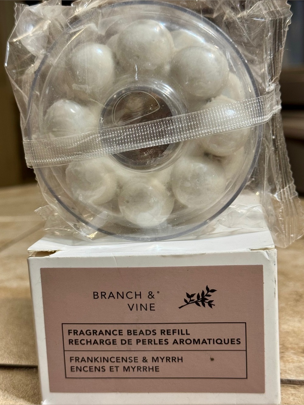 Fragrance Bead Refill - FRANKINCENSE & MYRRH. Box has 2 bead rings. WOODY CITRUS